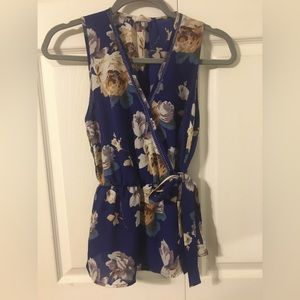 Blue floral faux wrap top